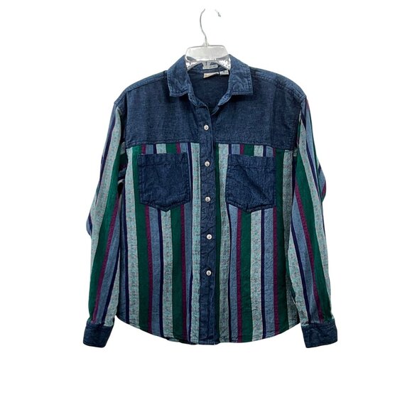 Vintage 90s Huntington Ridge Denim Shirt Womens M 1993 Striped Button Up - Picture 1 of 13